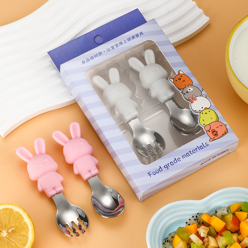 现货卡通兔子儿童硅胶餐具套装婴儿宝宝学吃饭训练叉勺硅胶辅食勺