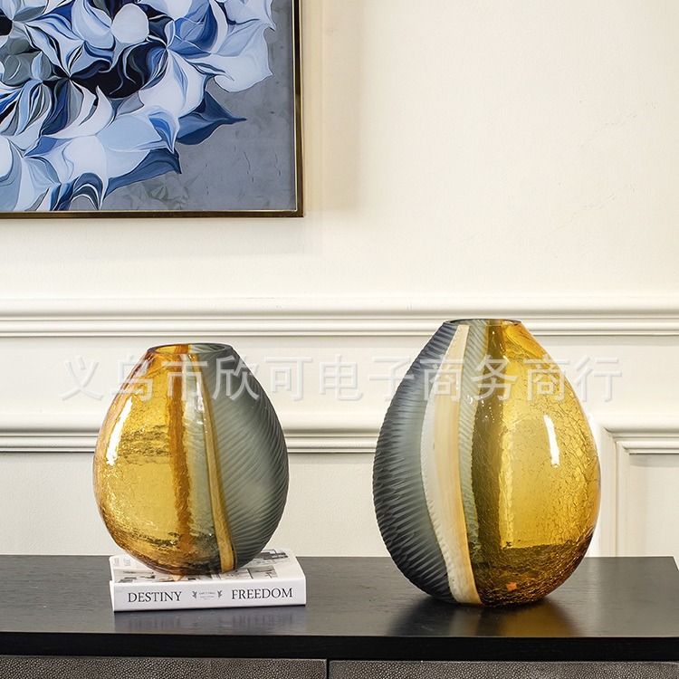 轻奢水培冰裂纹玻璃花瓶美式样板间现代创意装饰品客厅插花摆件