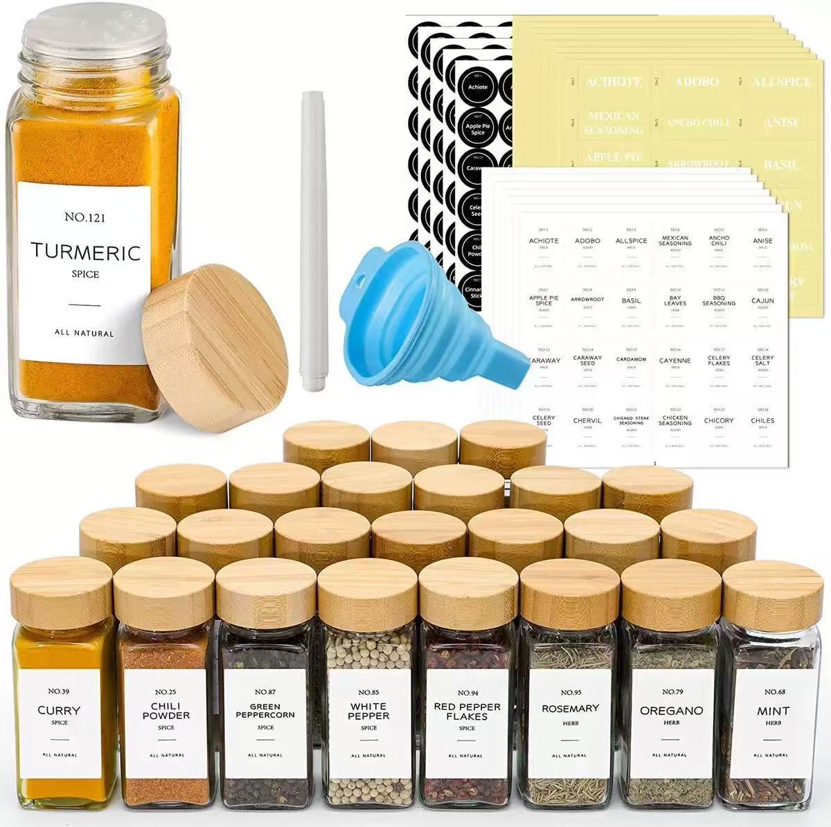 Crossborder amazon 4oz square condimento botella 120ml bambú y madera tapa de vidrio condimento jarro de pimienta set de sal jarro
