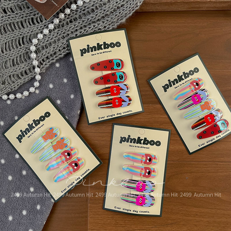 New Korean-style dopamine color printed bear hair clips for children, side-cut bangs clips, cute side clips, pinkboo color striped hair clips, cartoon decorations, multiple styles, fashionable and personalized hair for girls Specification image