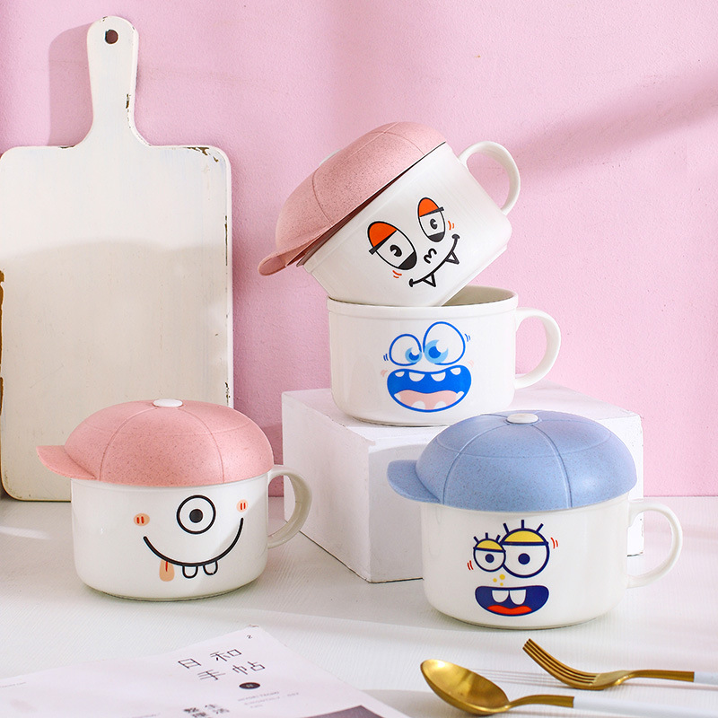 创意卡通陶瓷碗带把手可爱泡面碗带盖学生面碗家用饭碗饭盒早餐碗