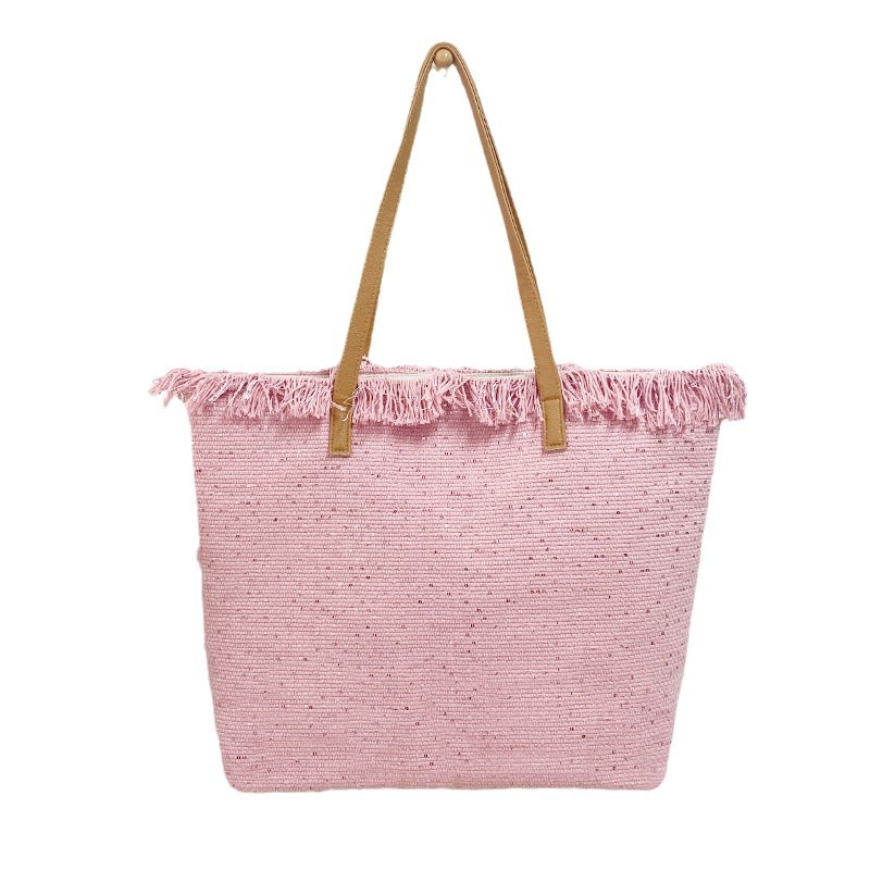 Cross-Border Canvas Bag, Fringed Handbag, Large-Capacity Portable Japanese Solid Color Fringed Tote Bag, Beach Bag, Fringed Woven Bag, Women's Single-Shoulder Handbag, Tote Bag, Women's Canvas Bag Item Picture