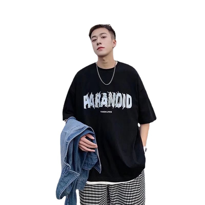 Pure cotton short-sleeved T-shirt for men, loose Hong Kong trend brand round-neck top, new letter-printed half-sleeved T-shirt Item Picture