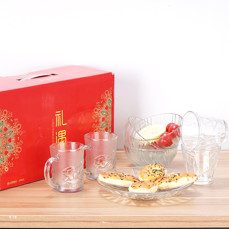 New eight-piece set of tableware, featuring glass and crystal bowls, plates and water cups. Grand packaging, practical and promotional gifts Specification image