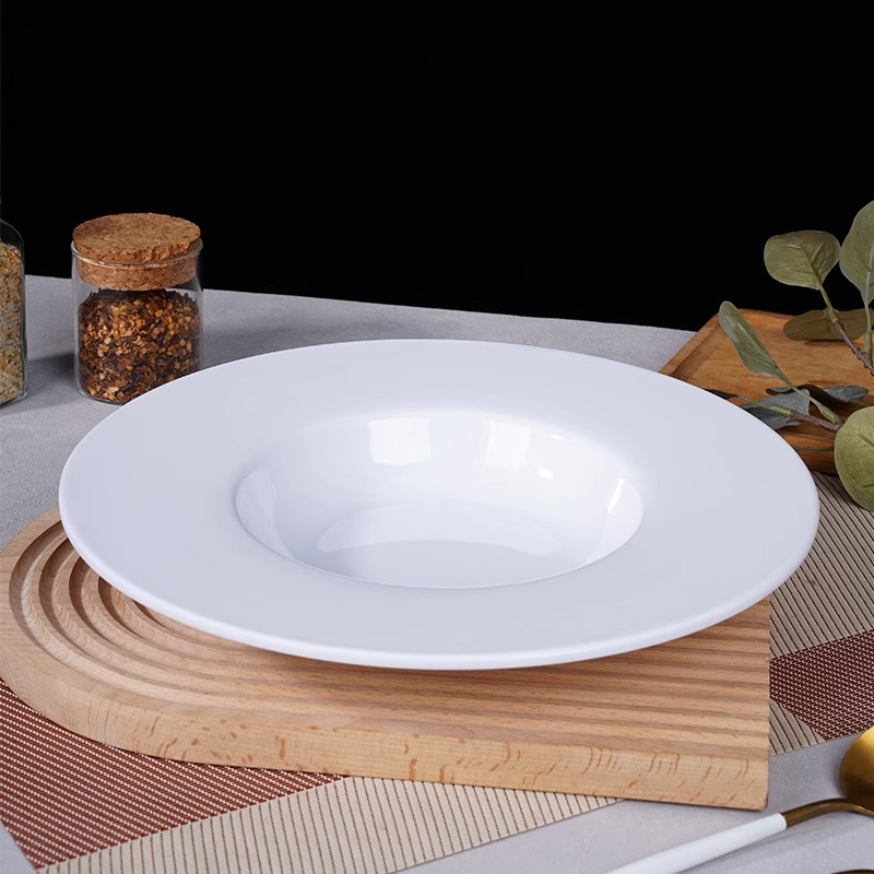 Plato de sombrero de paja blanco de metamine plato de pasta plato de comida occidental plato de sopa de estilo occidental plato de macarrón de larga vida cubertería logo estampado conjunto de cubiertos de metamine tazón de metamine bandeja cuchara plato plato de metamine cesta de compota food food personalizado Specification image