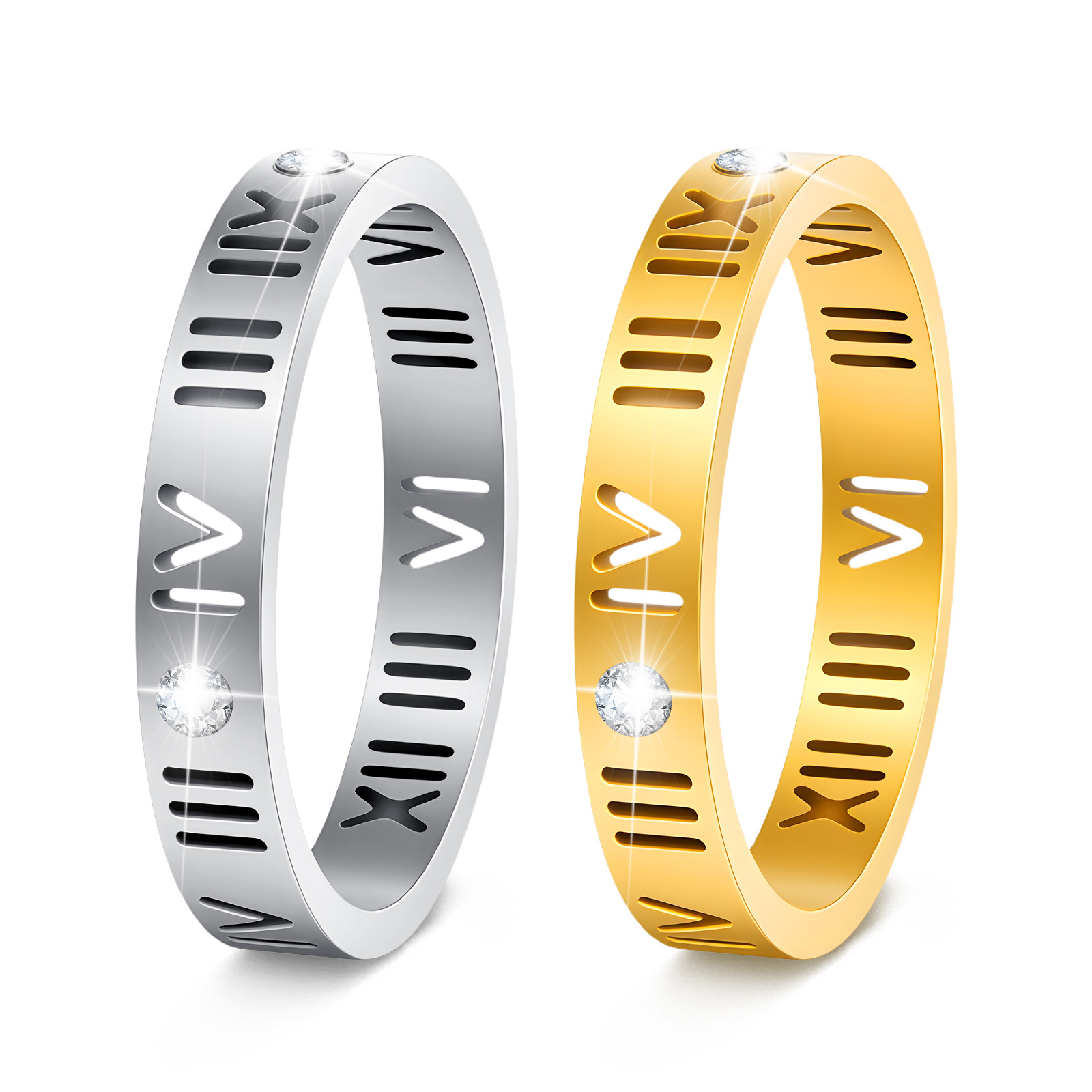 European and American best-selling stainless steel Roman numeral ring with real gold inside the furnace, diamond-encrusted and hollowed-out couple letter rings for men and women