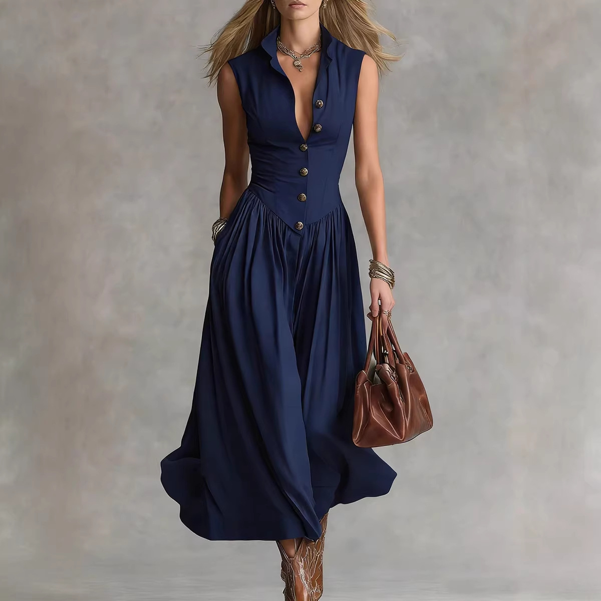 Spring 2026 new French style elegant and goddess-like, slimming and slim, long sleeveless dress with lapel for women details Picture