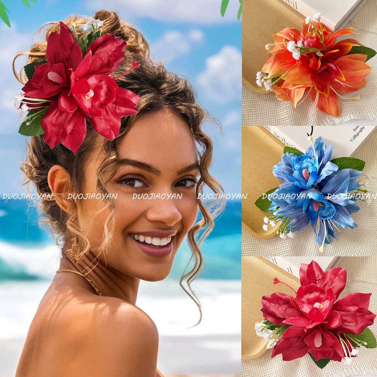 New multi-color lily flower hair clips, Hawaiian style realistic orchid headwear, high appearance level hair accessories, photo accessories full figure