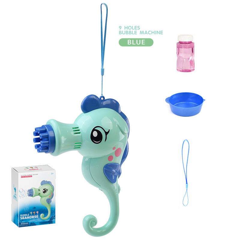 New 9-hole bubble machine, 13-hole seahorse transparent projection with light bubble gun, children's electric bubble machine toy Item Picture