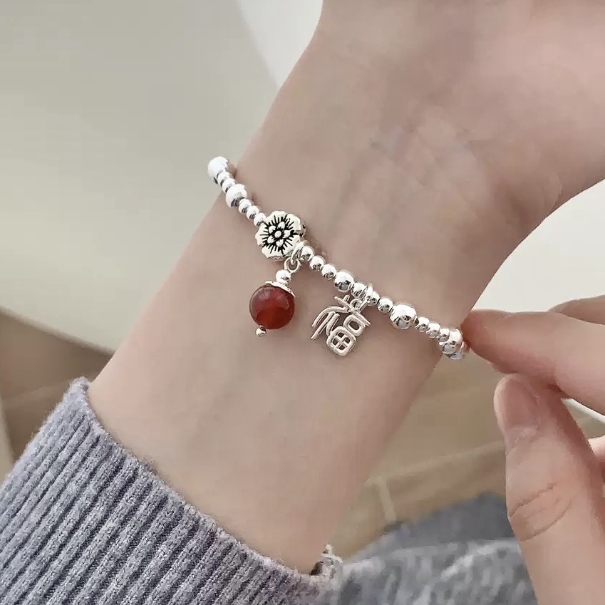New Chinese-style 12.6 red agate "Fu" character bracelet S925 sterling silver ins niche design Good Luck Chinese-style bracelet gift for best friends