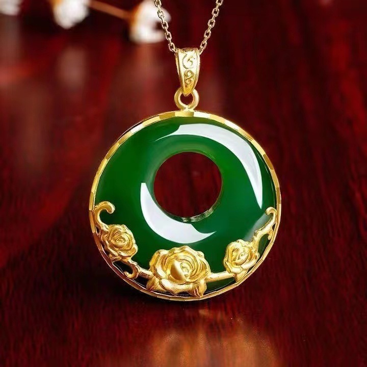 Gold rose, jade, peace pendant, brass gilded flower, noble lady, retro pendant necklace