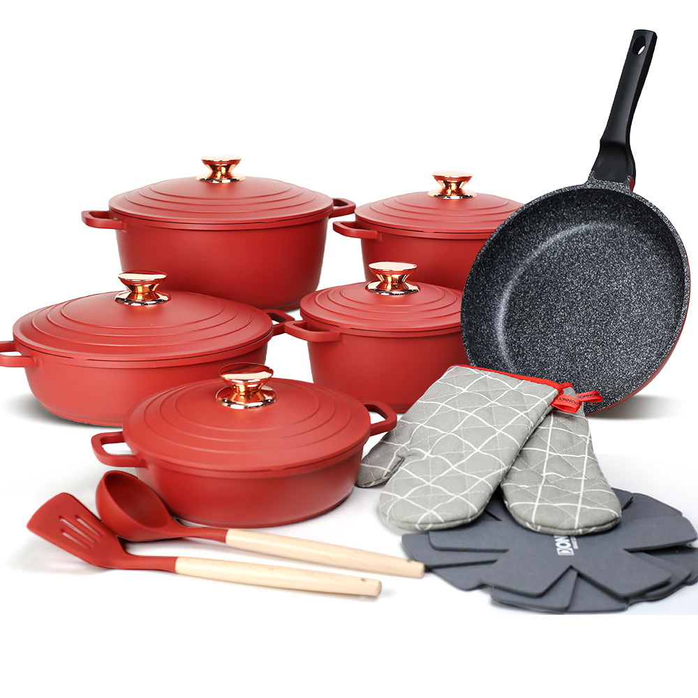 Donnor en stock de suministro de porcelana estilo 18pcs set personalizado al por mayor die casting granite cooker pot set antiadherente