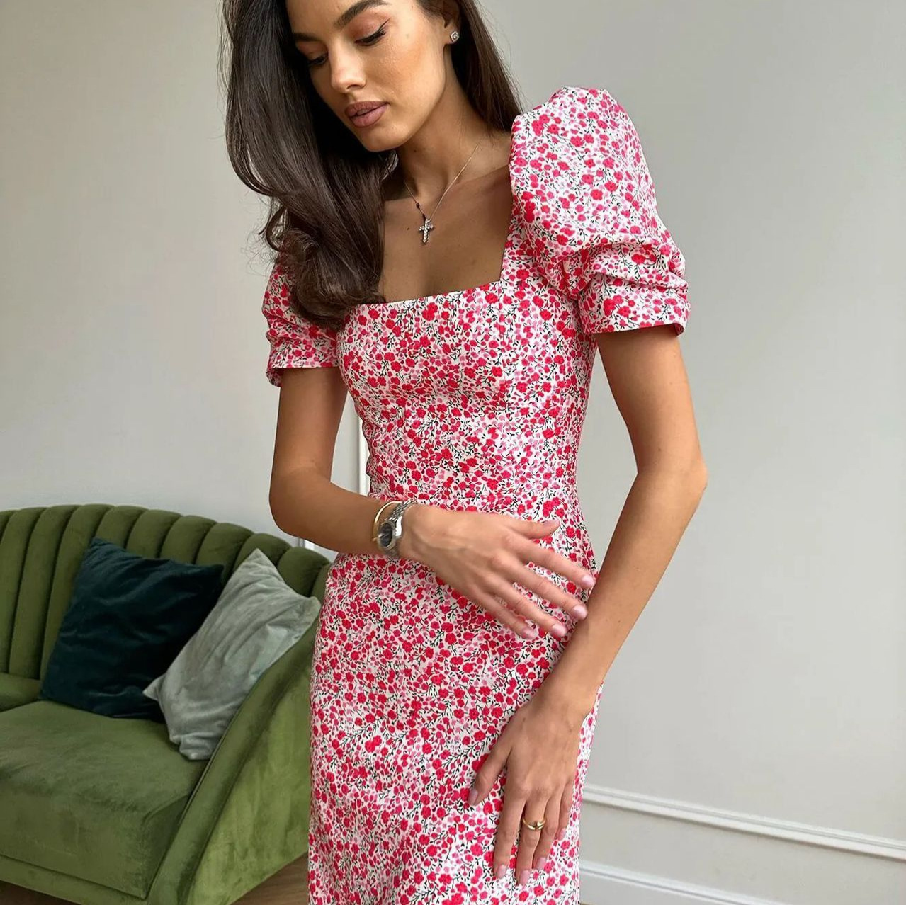 欧美法式长裙2023夏季新款收腰显瘦气质女装碎花短袖小清新连衣裙