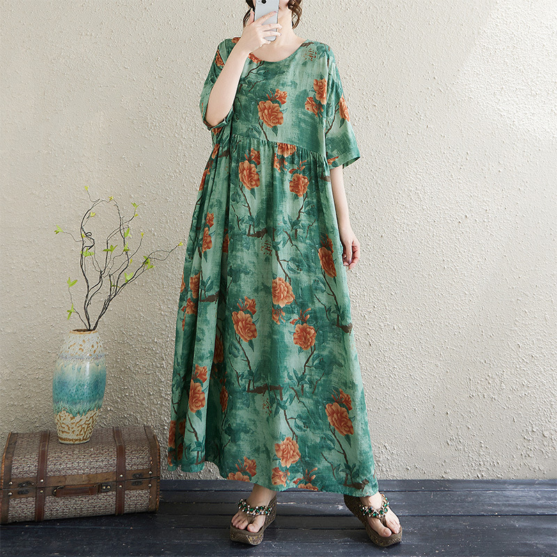 A Real Photo Of A Chubby Girl With A Thin Cotton And Linen Floral Pattern In Summer, Wearing A Round-Neck Short-Sleeved Dress In A Loose And Simple Bohemian Style Specification drawing