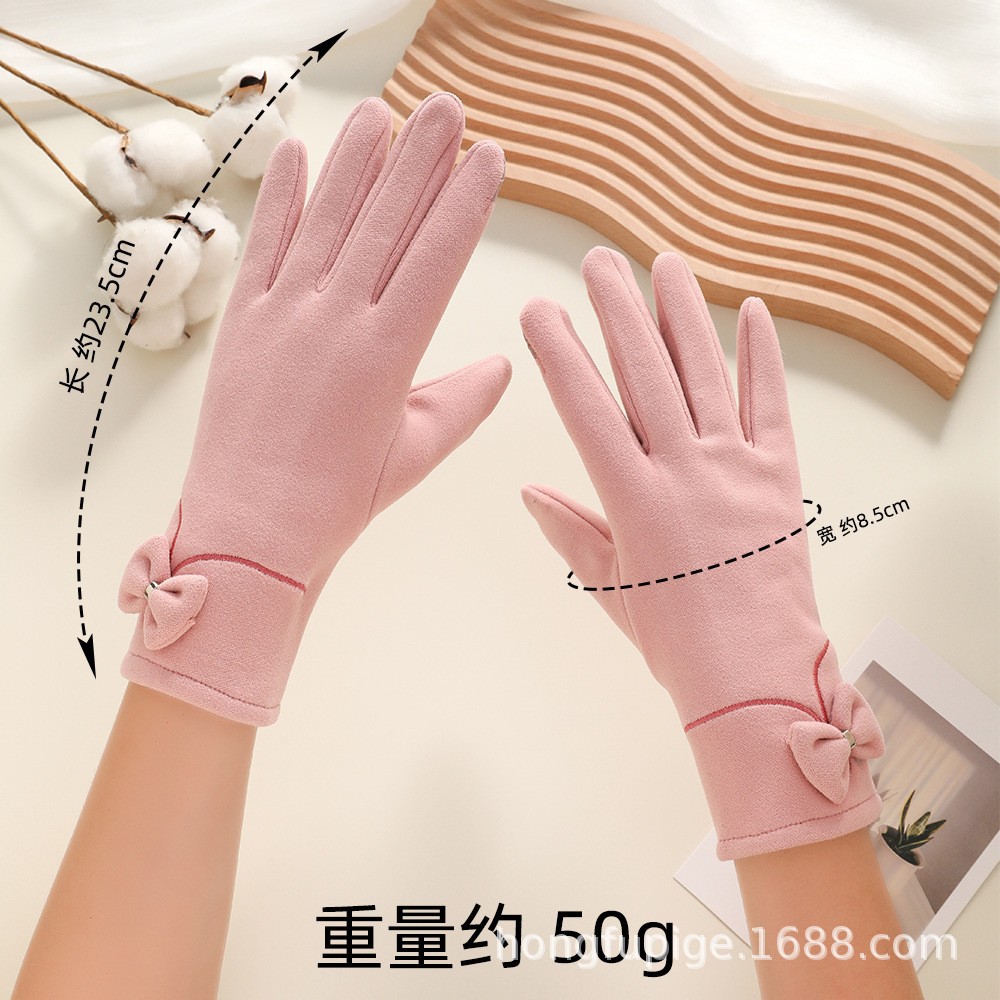 Warm gloves, windproof and cold-proof, fleece and thickened, outdoor cycling, cute bow, touch screen for women, autumn and winter gloves Specification image