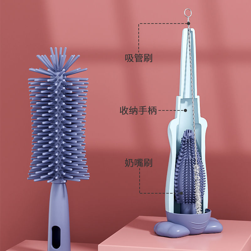 Three-piece set of baby bottle brush, special silicone pacifier brush for babies, portable bottle cleaning, 360-degree cleaning set Application Scenario