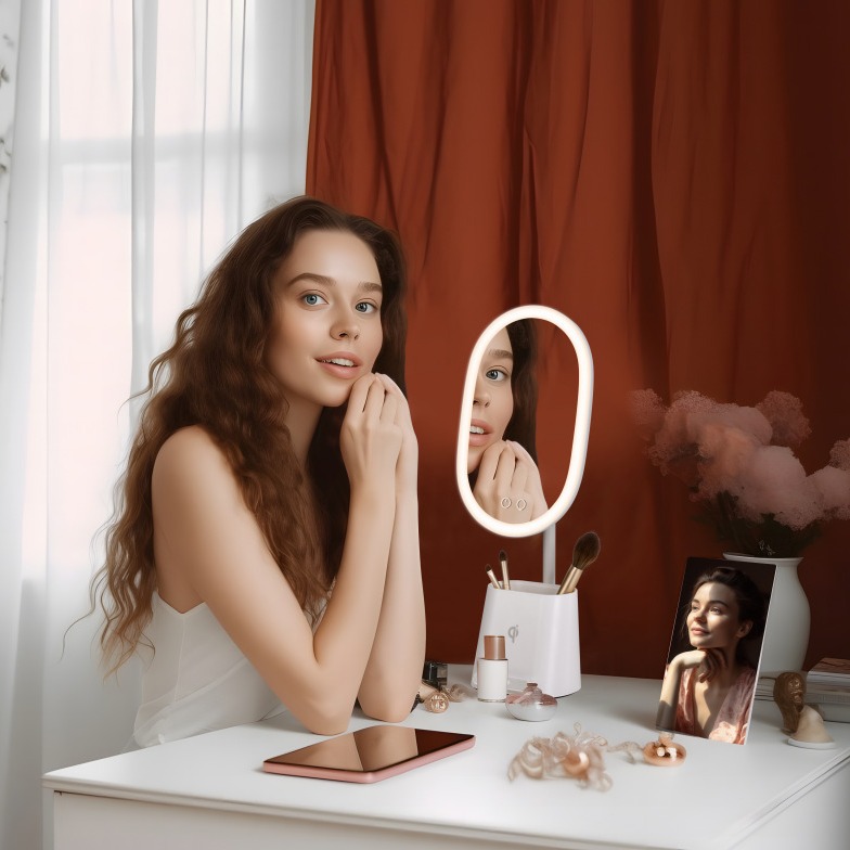 European and American multi-functional makeup mirror, mobile phone wireless charging, dressing mirror light, storage, makeup bucket, adjustable fill light, smart makeup mirror table light, makeup mirror Specification image