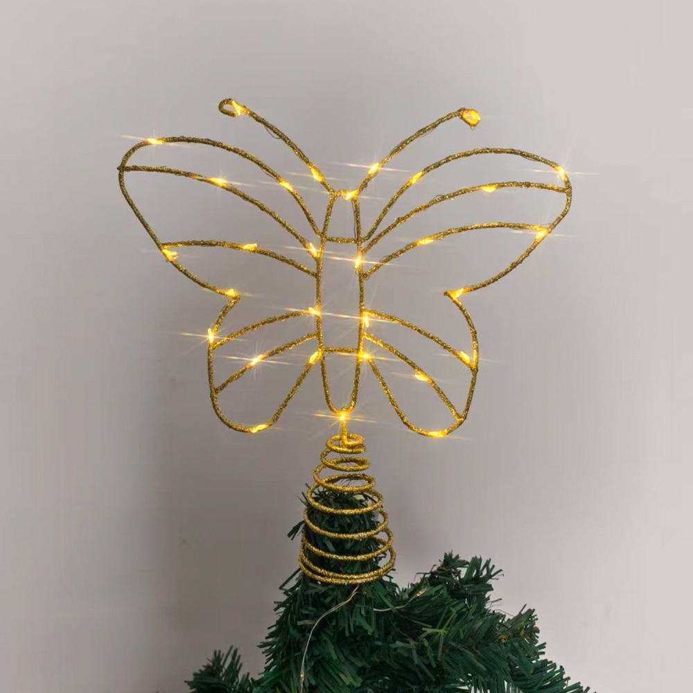 Cross-border new Christmas tree top star-sprinkled powder led illuminated butterfly iron art ornament Christmas tree decoration