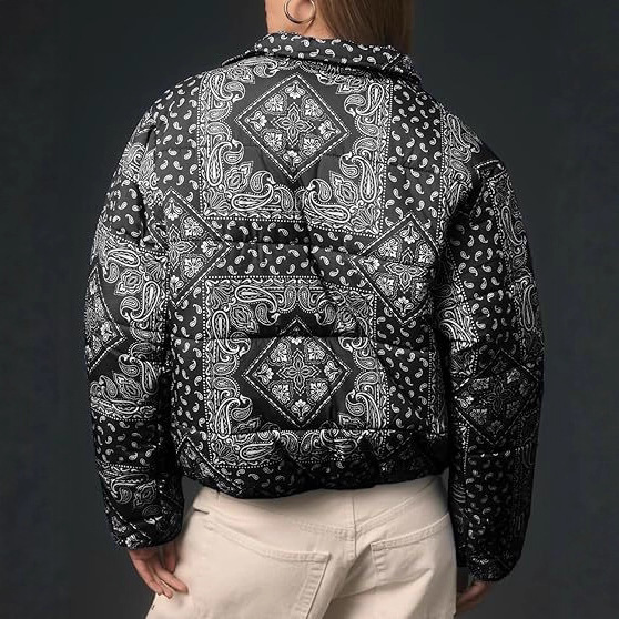 European and American cross-border trade cashew pattern printed women's winter thickened stand-up collar loose cotton jacket MG570 Specification drawing