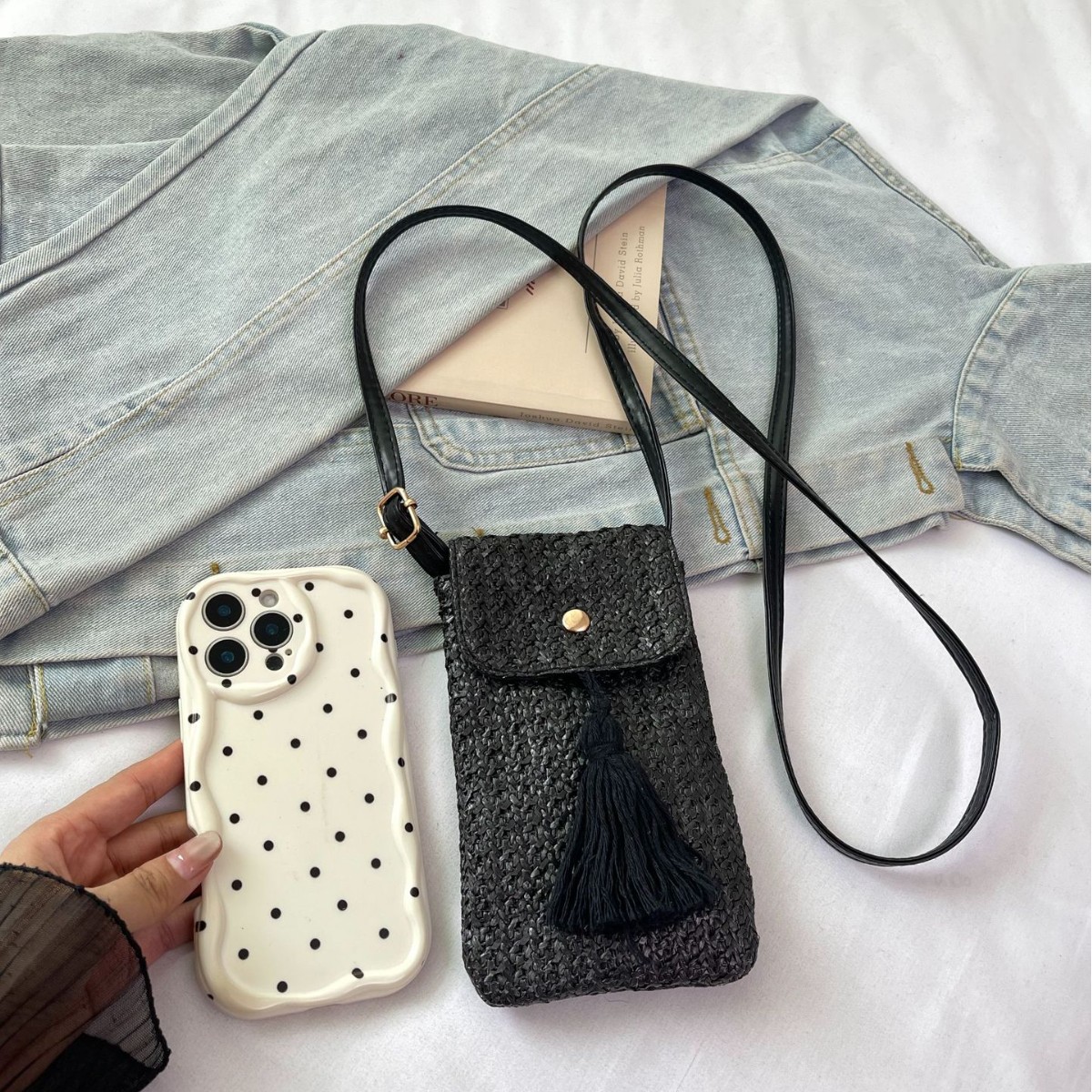 Cross-Border Straw Woven Bag, Straw Woven Bag For Women, Mini Niche Mobile Phone Bucket Bag, Beach Vacation, Beach Woven Crossbody Small Bag, Handmade Straw Woven Bag Specification drawing