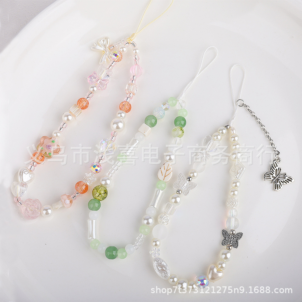 DIY new Chinese-style original glass flower mobile phone chain, butterfly beaded mobile phone lanyard, camera and mobile phone case pendant chain Specification image