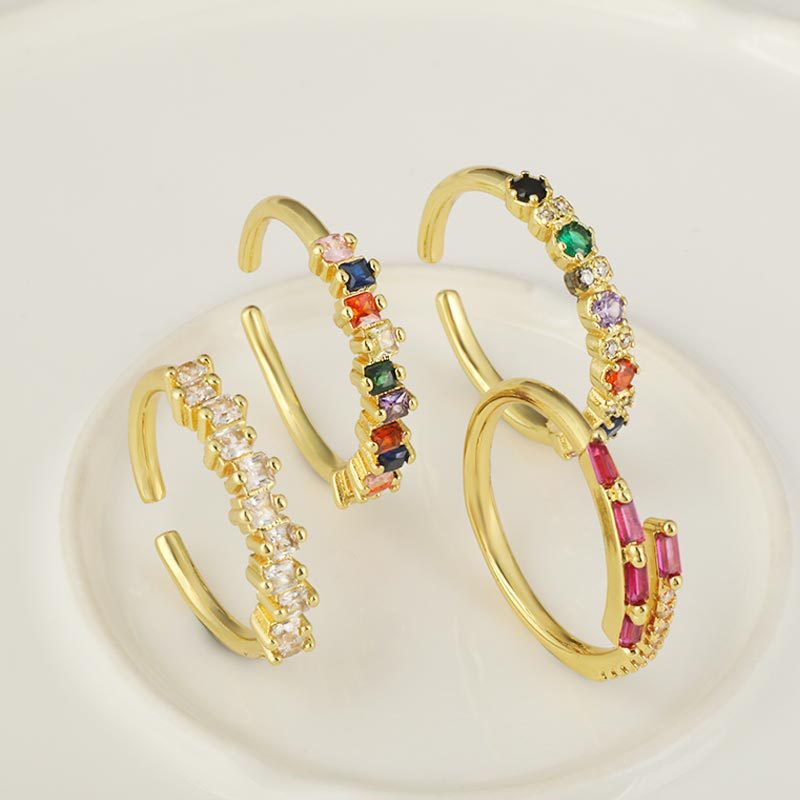 ins Simple and light luxury colored Zircon ring for women, double-layer geometric series, 18k gold-plated open adjustable ring details Picture