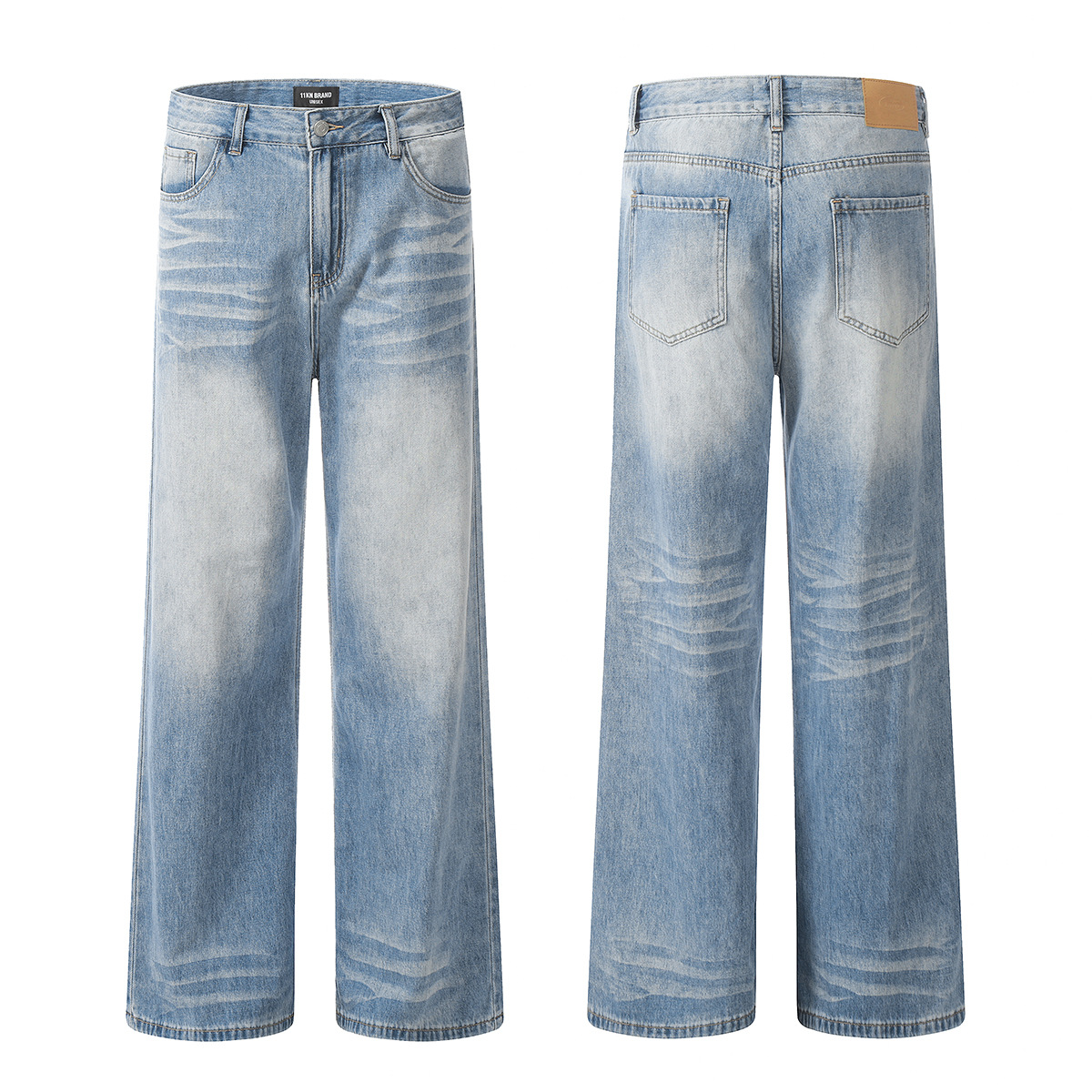 11KN American sunny blue soft jeans for men and women, retro cat whiskers washed for slimming, three-dimensional drape, loose and casual trousers Item Picture