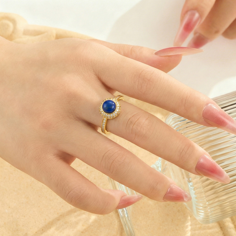 Original high-end natural stone open ring, copper alloy real gold electroplated with zirconium lapis lazuli and south red stone ring details Picture