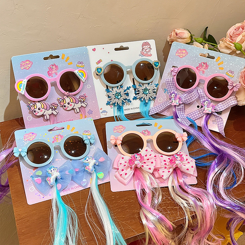 儿童墨镜夏季新款库洛米假发辫子卡通女童发夹太阳镜宝宝眼镜批发