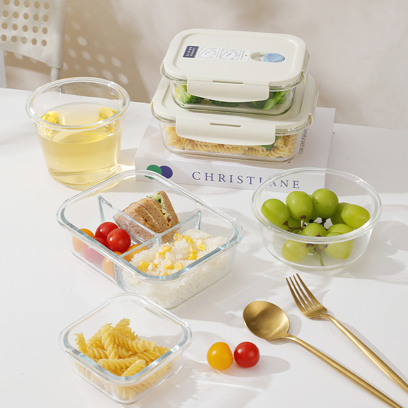 Glass lunch boxes can be heated in the microwave. Special lunch boxes for bringing lunch boxes to work. Glass bowls. Sealed food preservation boxes details Picture