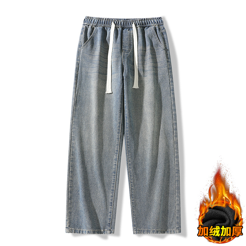 American retro drawstring jeans for men's winter, trendy washed, loose and versatile men's workwear long pants Item Picture