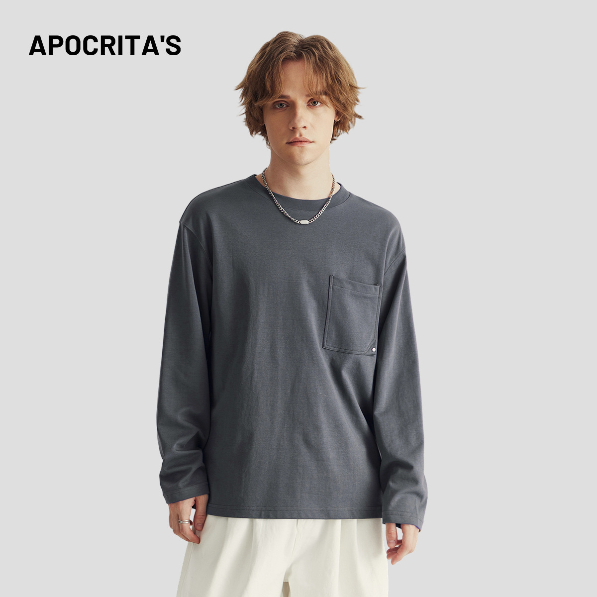 APO男装|2025新款长袖男T恤秋季高级感纯色休闲宽松圆领内搭上衣