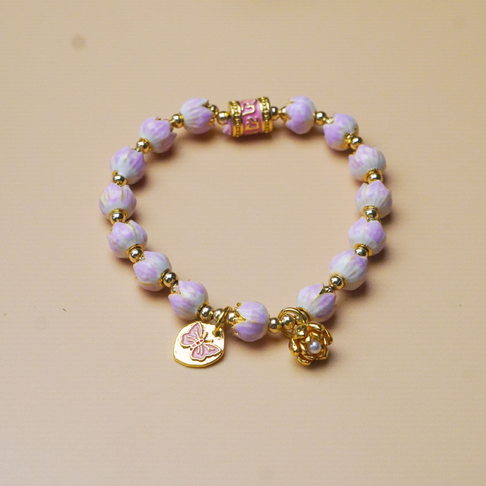 New Chinese-style lily of the valley, cloisonne, pink butterfly pendant, women's light luxury and high-end bracelet, beaded accessory Application Scenario