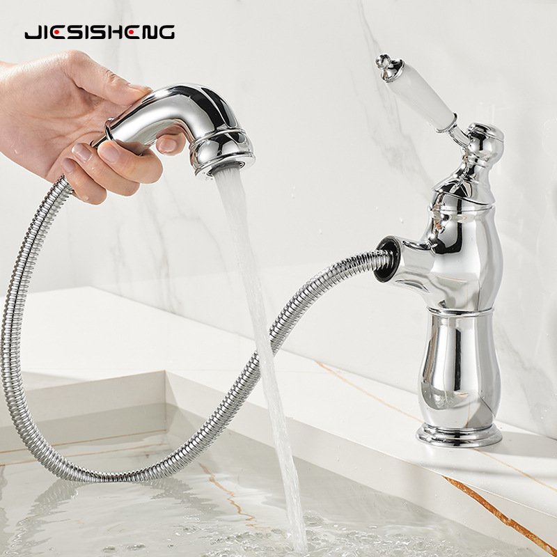 法式复古铜面盆抽拉水龙头卫生间浴室柜陶瓷一体盆冷热防溅水龙头