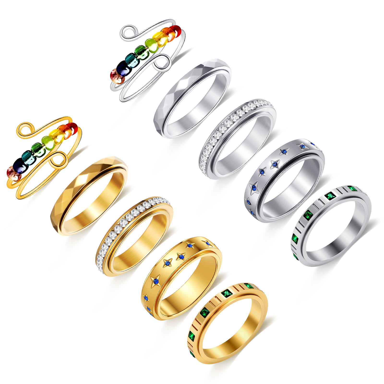 New cross-border Amazon women's diamond-encrusted stainless steel stress-relieving ring set, personalized and light luxury, multiple versatile ring sets Item Picture