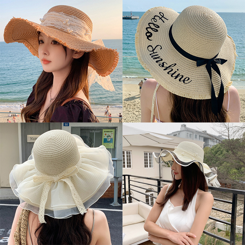夏天蝴蝶结遮阳帽女 海边沙滩度假防晒帽户外大檐太阳帽甜美草帽
