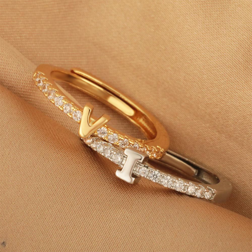 A new cross-border copper-inlaid zircon 26-letter ring with adjustable opening, exuding a fashionable and sophisticated charm Specification drawing