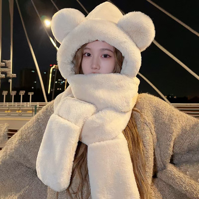 Sombrero de reemplazo de una pieza otoño-invierno nuevo sombrero de peluche para mujeres conjunto de tres piezas versión coreana sombrero frío cálido bufanda guantes de invierno tienda al por mayor Specification image