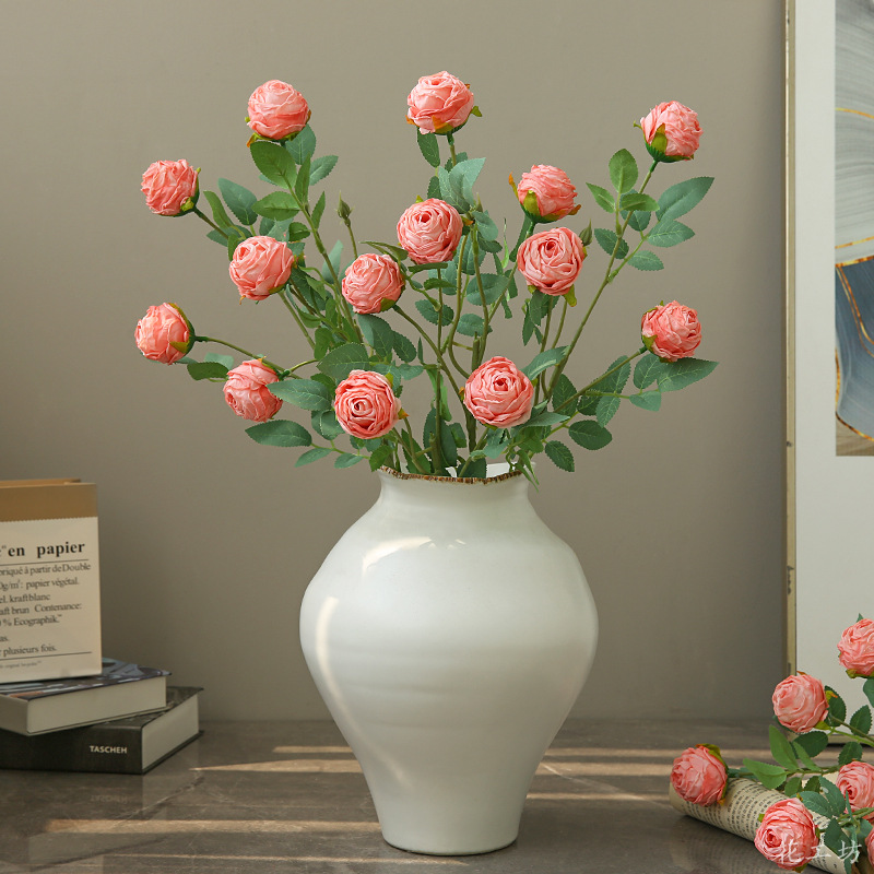 New 3-head rolled-edge rose artificial flower for living room dining table, baked edge rose artificial flower bouquet, shooting prop and landscape flower Specification image