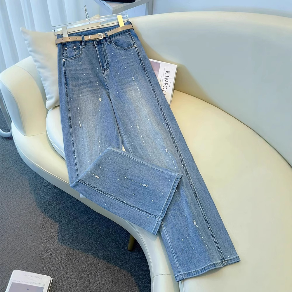 High-end diamond-encrusted wide-leg jeans for women's autumn and winter 2025 new style, loose and slimming, with rhinestone drape, narrow straight-leg pants details Picture