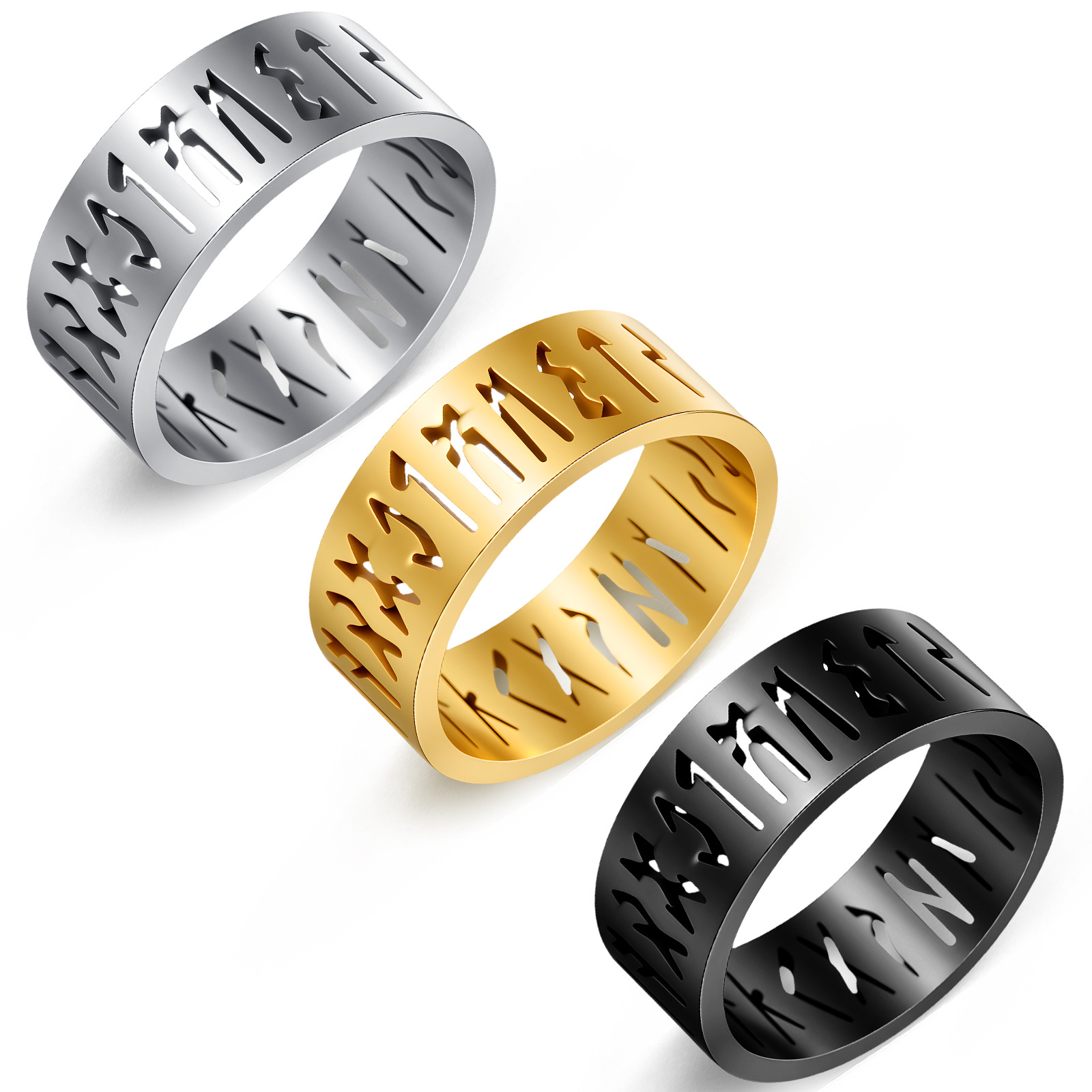 An 8MM wide stainless steel hollowed-out jewelry luen Symbol Viking letter men's ring from Amazon Europe and America does not fade