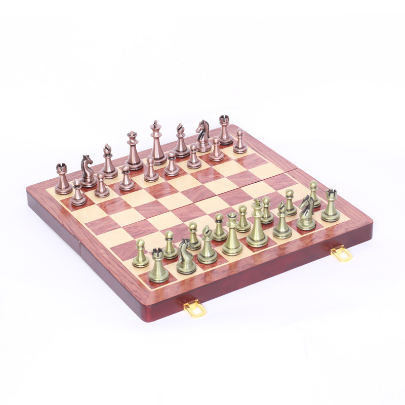 Metal chess set folding chessboard for beginners, adults and children, large bronze chess pieces, educational and portable
