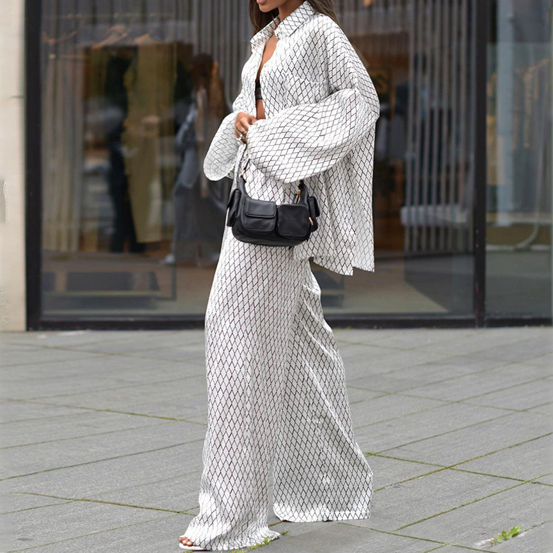 FD1455 in stock 2025 Spring New Cross-border Women's Fashion and elegant long-sleeved lapel shirt and long Pants two-piece set details Picture