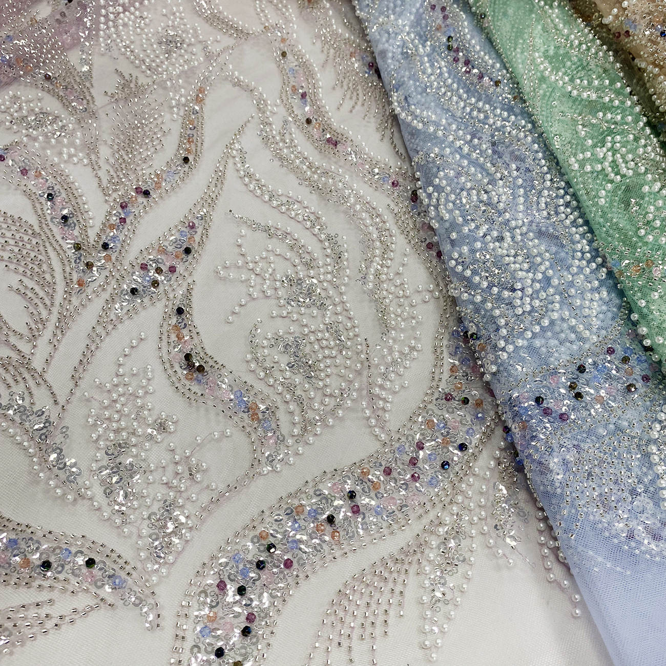 Factory stock of new three-piece colorful multi-color diamond bead sequin mesh lace embroidered wedding dress fabric details Picture