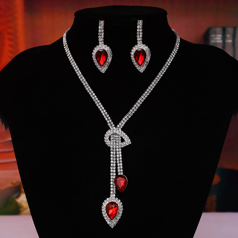 Factory direct sales of European and American fashionable wedding banquet bride wine red simple set, wedding necklace, earrings and jewelry