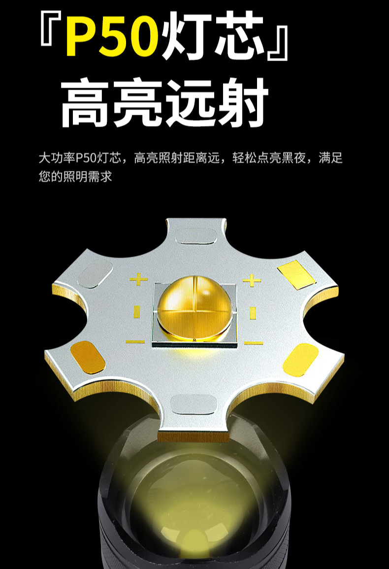 The new cross-border P50 high-intensity outdoor charging portable flashlight is a multi-functional aluminum alloy ultra-bright long-range flashlight details Picture