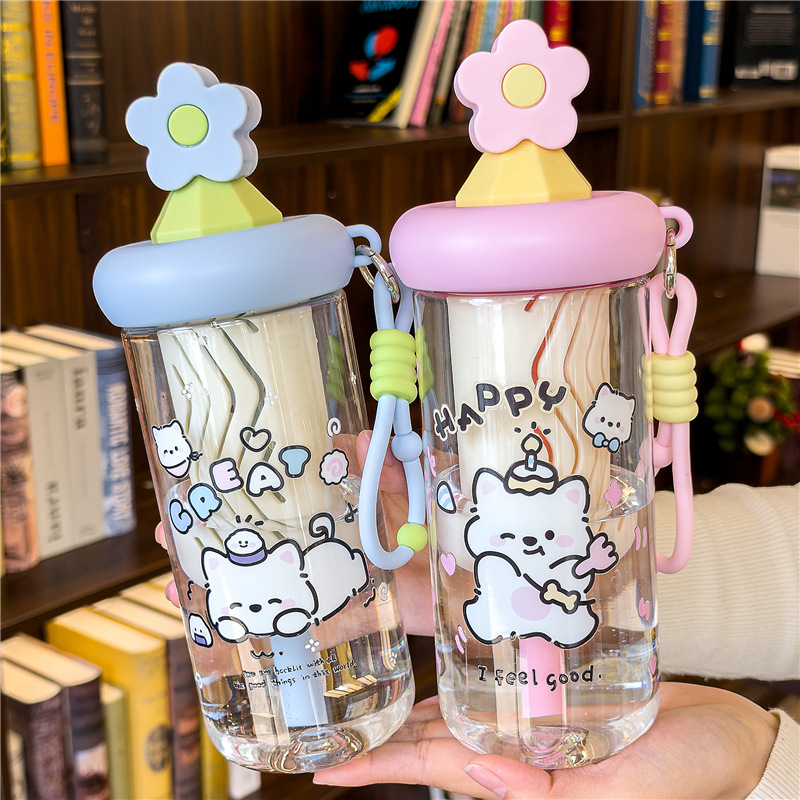 Cute cat-patterned transparent water cup with handle, glass cup with sun relief, glass thermos details Picture