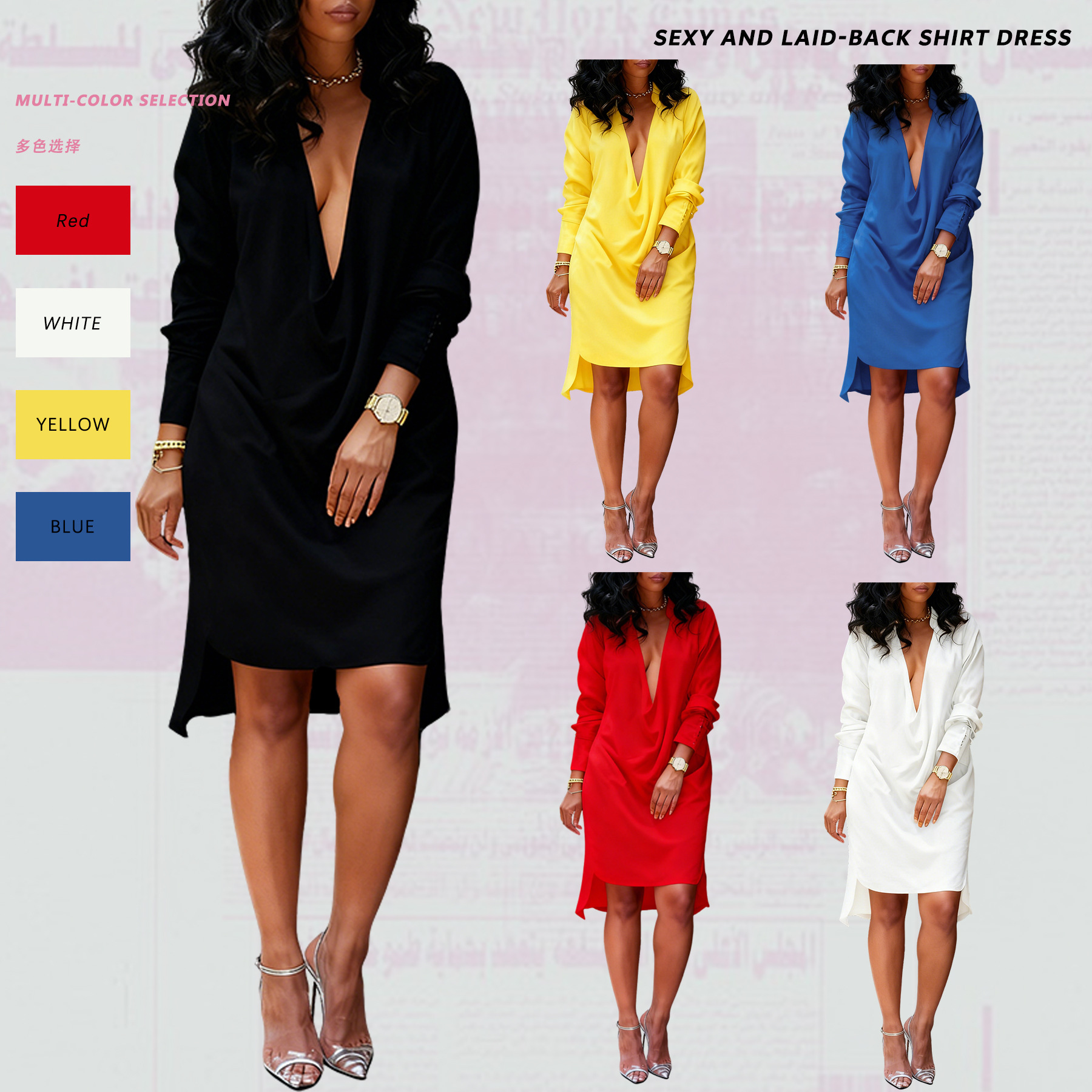 M3003 Independent Station International Station Cross-border women's clothing European and American nightclub style low-cut deep V sexy solid color dress full figure