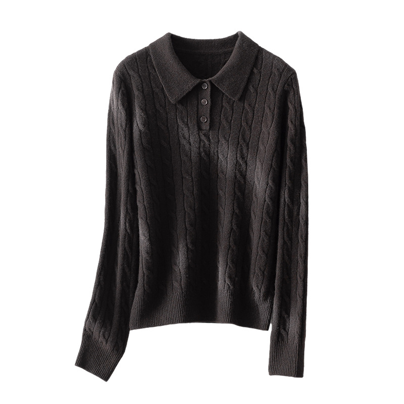 The new autumn and winter style lapel 100% wool cardigan with pit stripes and shell buckles is a versatile sweater for women Item Picture