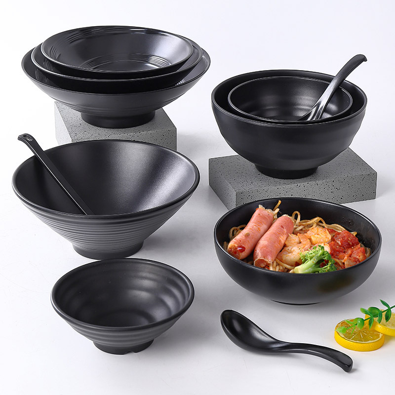 Melamine hot pot large bowl, imitation porcelain black bell mouth bowl, special bowl for Japanese noodle shops and restaurants, rice noodle soup with snails, bamboo hat details Picture